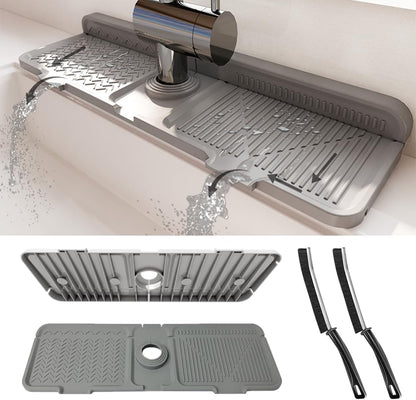 17.3" Silicone Faucet Mat for Kitchen Sink, Splash Guard with 2 Cleaning Brushes, Anti-Slip Suction Cups, 10° Slope Fast-Drain Countertop Protector, Grey