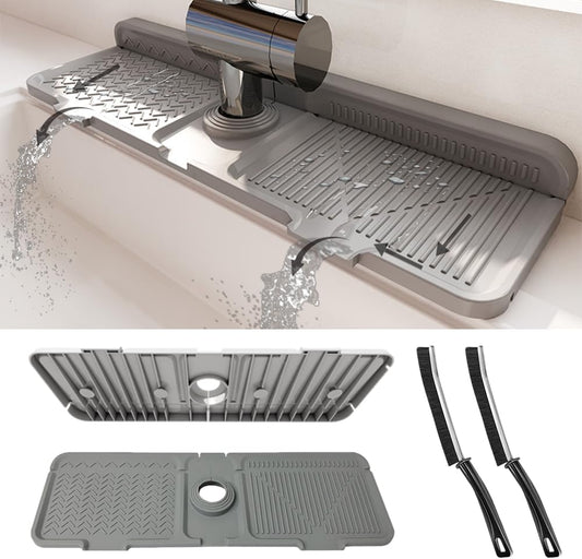 17.3" Silicone Faucet Mat for Kitchen Sink, Splash Guard with 2 Cleaning Brushes, Anti-Slip Suction Cups, 10° Slope Fast-Drain Countertop Protector, Grey