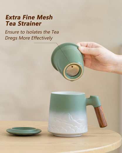 ZENS Tea Mug with Infuser and Lid for Loose Leaf Tea Steeper, 16.9oz Moss | Embossed Ceramic Tea Cup with Infuser for Herbal Tea Difussers, Tea Lovers Gifts, Nature Wood Handle