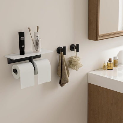 BWE Brushed Gold Toilet Paper Holder with Marble Shelf Wall Mounted | Toilet Paper Roll Holder with Phone Shelf 304 Stainless Steel Tissue Holder for Bathroom Washroom,Saving Space