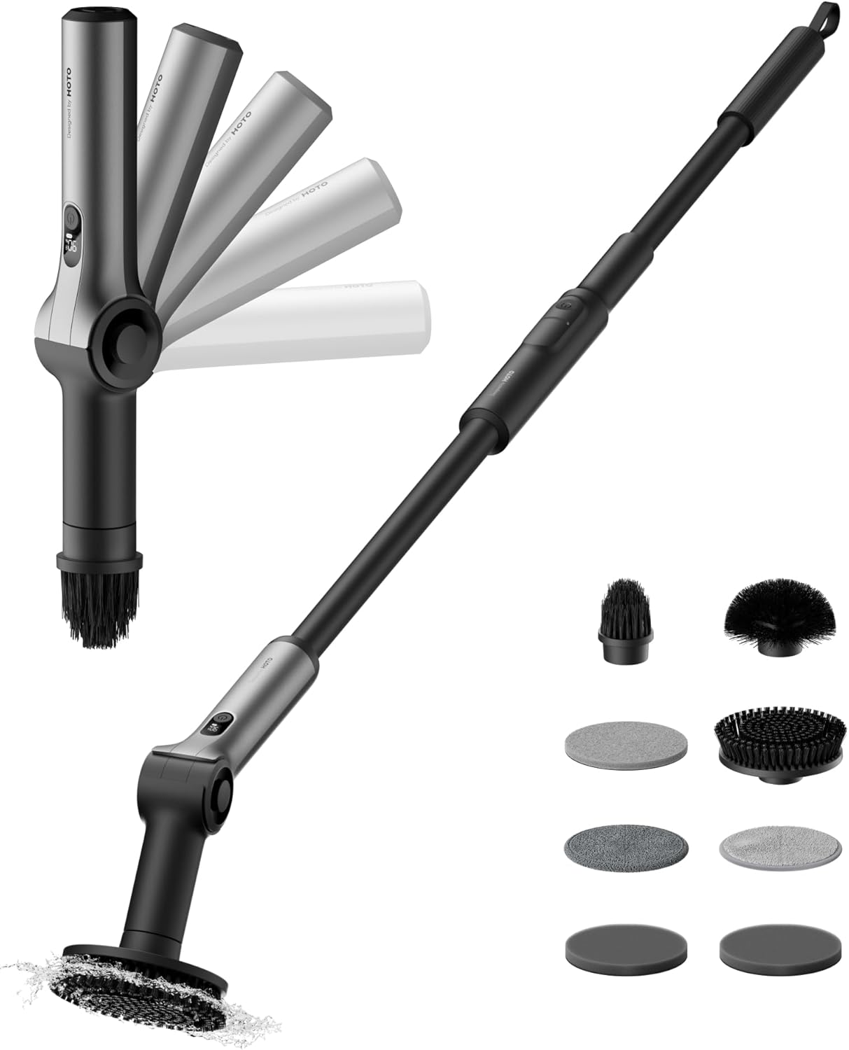HOTO Flexi™ Cordless Electric Spin Scrubber, for Bathtub, Bathroom, Tile | Adjustable Angle, Extendable Handle, Smart Display, IPX7 Waterproof, Powerful Cleaning Scrubber with 8 Brush Heads