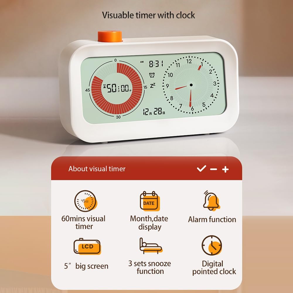 Digital Clock Timer 60 Minute Visual Countdown and Countup Timer – Battery Operated Desk Timer for Kitchen Office Home Productivity Management Tool with Large Display