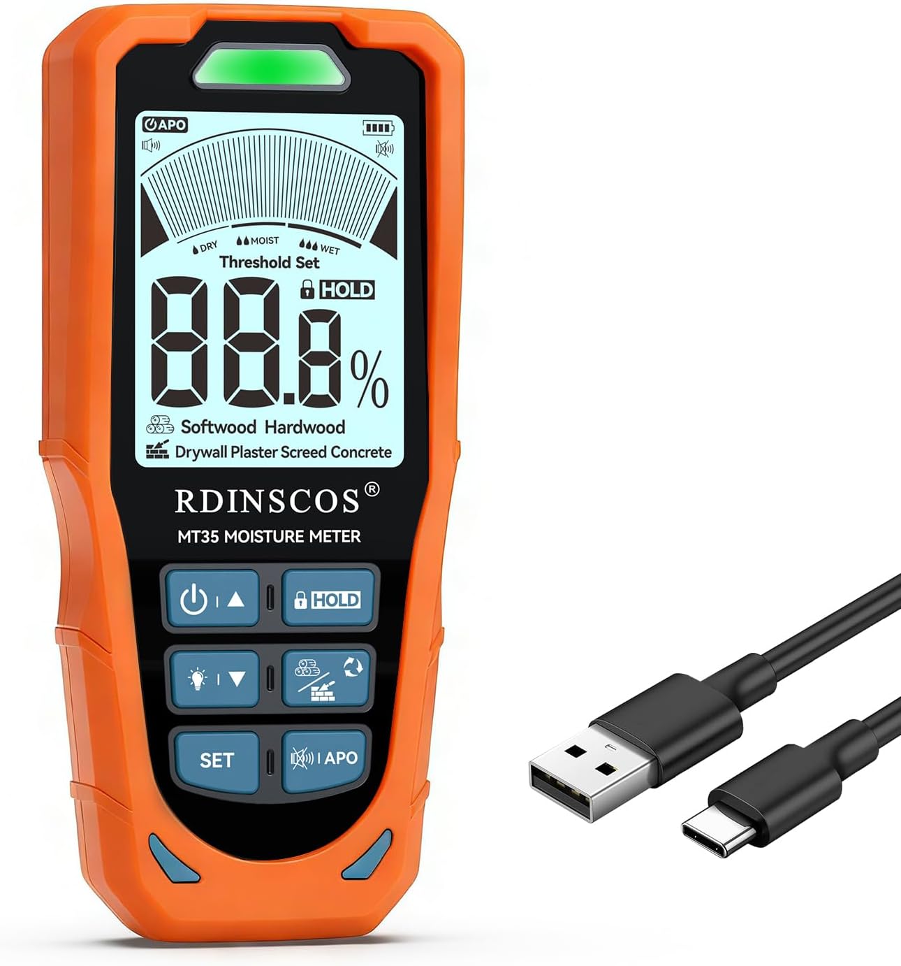 Pinless Moisture Meter for Wall,Floor – Digital Moisture Tester | With 3-Color LCD Display, Audible Alarm & HOLD Function, Ideal for Home Inspections