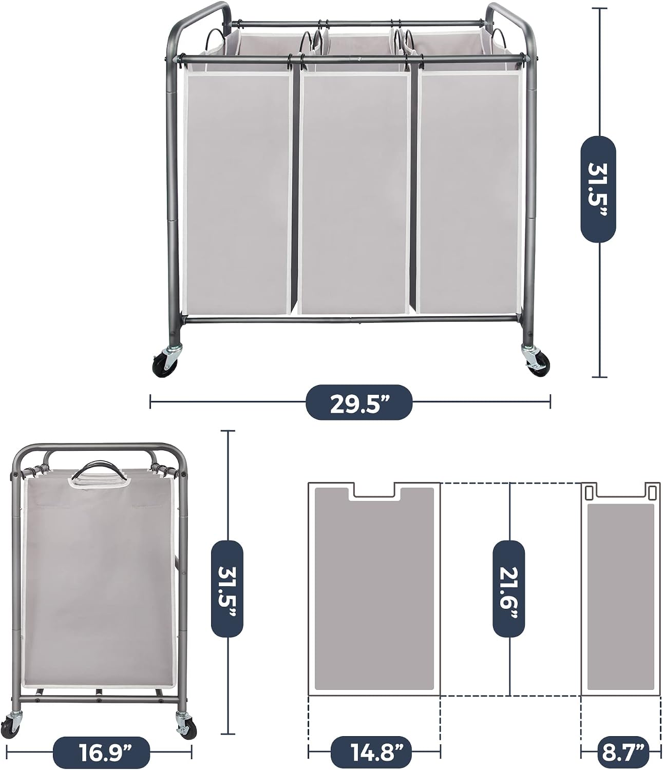 STO STO Laundry Sorter 3 Section, 3 Bag Clothes Hamper, Rolling Laundry Cart Basket with Heavy Duty Lockable Wheels and Removable Bag for Laundry Room, Bedroom, Closet, Black
