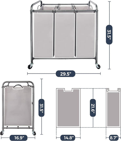 STO STO Laundry Sorter 3 Section, 3 Bag Clothes Hamper, Rolling Laundry Cart Basket with Heavy Duty Lockable Wheels and Removable Bag for Laundry Room, Bedroom, Closet, Black