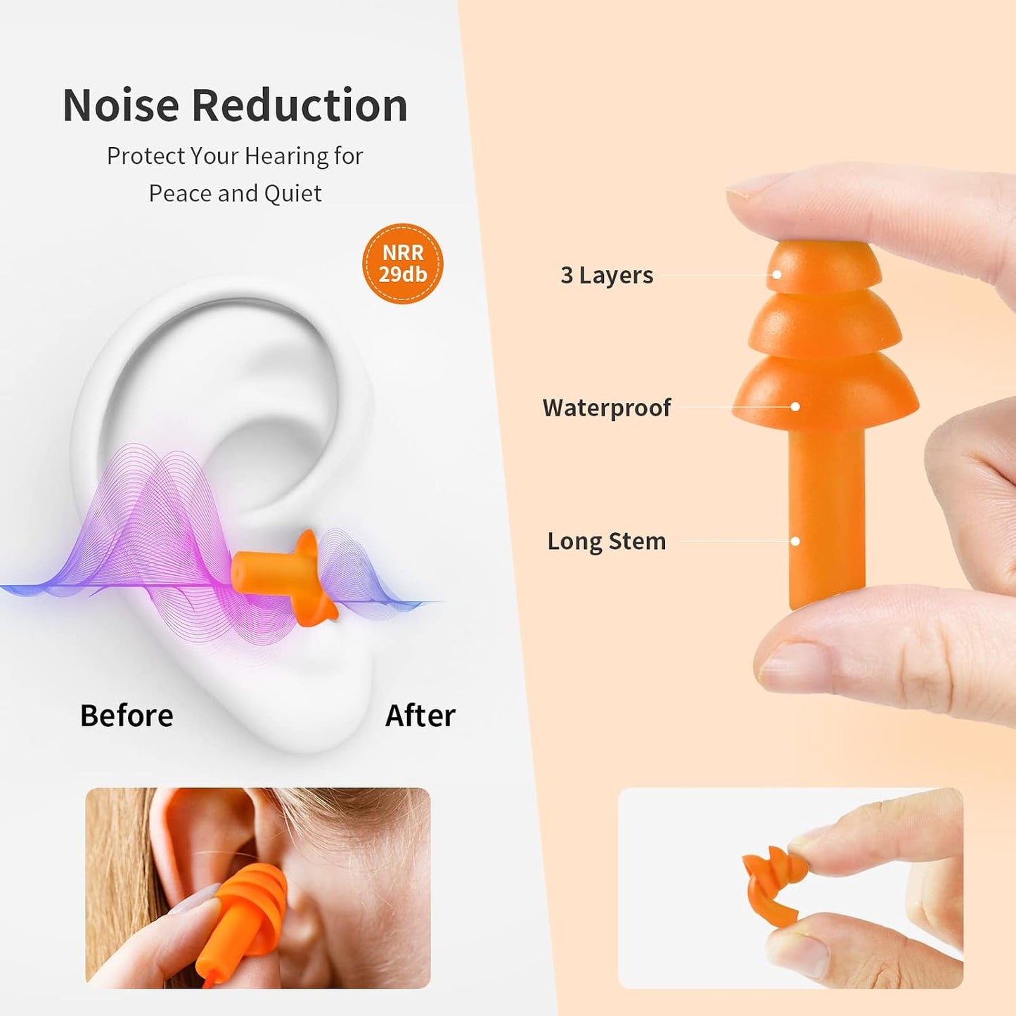 Silicone Earplugs for Swimming, Sleeping, Snoring, Work, Concerts - Noise Cancelling, Reusable Ear Protection, 8 Pairs