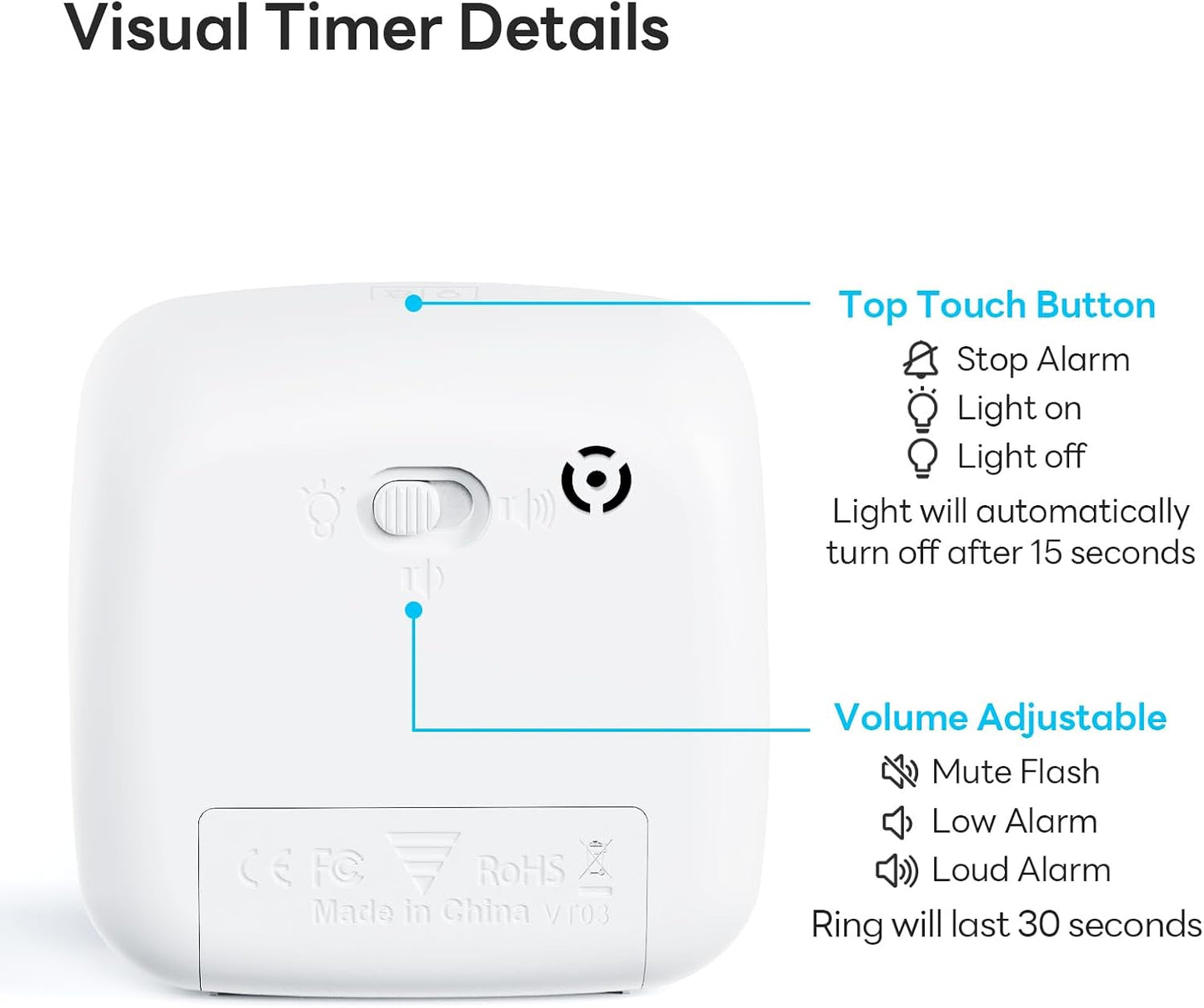 Yunbaoit Visual Timer with Night Light, 60 Minute Countdown, Light Blue | 3 Alarm Modes, Mute Flash, for Kids and Adults, Time Management Tool for Classroom, Home, School, and Work