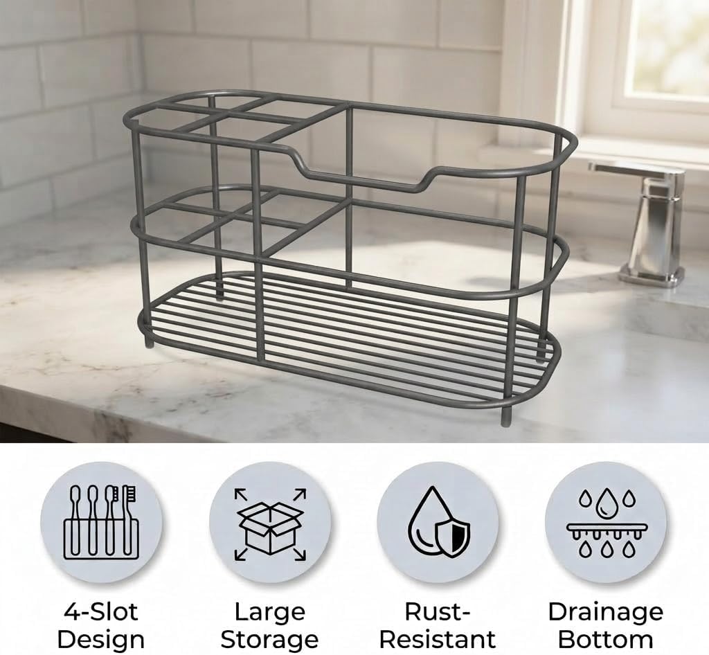 Bathway Toothbrush Holder for Bathroom, 6.9"L x 3.4"W x 4"H, Matte Black, L | Waterproof, Rust-Proof, More Durable, Multifunctional, Large-Capacity, Non-Slip, Anti-Tip, Self-Draining, Stylish Appearance