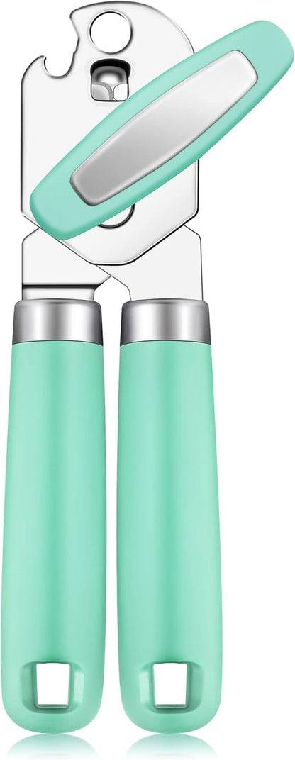 Rainspire Can Opener Manual Handheld Strong Manual Can Opener Smooth Edge Cut, Can Opener Heavy Duty, Comfortable Soft Handle, Built-in Bottle Opener, Turquoise