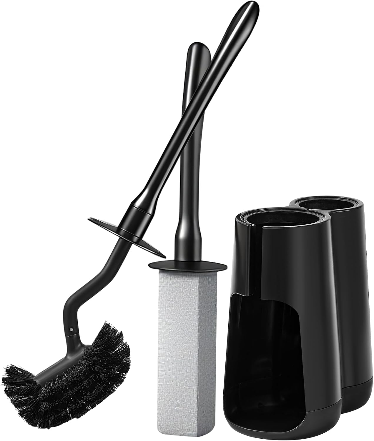 Toilet Brush and Holder Set with Pumice Stone Toilet Bowl Cleaner | Long-handle Scrubber with Ventilated Holder and Pumice Stone for Hard Water Stains, Limescale and Toilet Rings