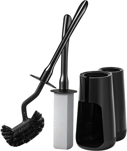 Toilet Brush and Holder Set with Pumice Stone Toilet Bowl Cleaner | Long-handle Scrubber with Ventilated Holder and Pumice Stone for Hard Water Stains, Limescale and Toilet Rings