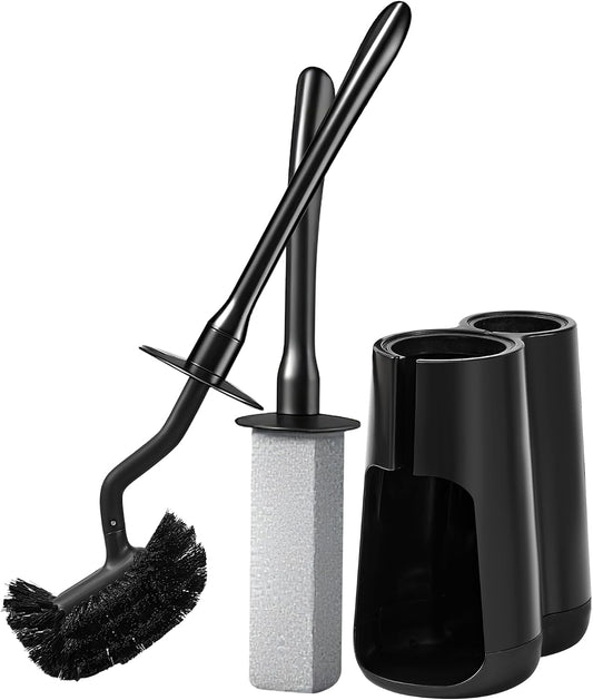 Toilet Brush and Holder Set with Pumice Stone Toilet Bowl Cleaner | Long-handle Scrubber with Ventilated Holder and Pumice Stone for Hard Water Stains, Limescale and Toilet Rings