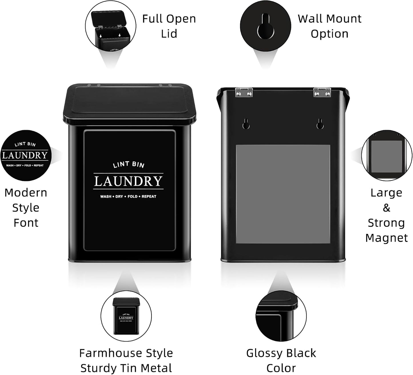 Magnetic Lint Bin for Laundry Room, Metal Lint Trash Can with Lid and Brush, Wall Mounted Lint Box for Dryer, Farmhouse Laundry Room Decor, Black