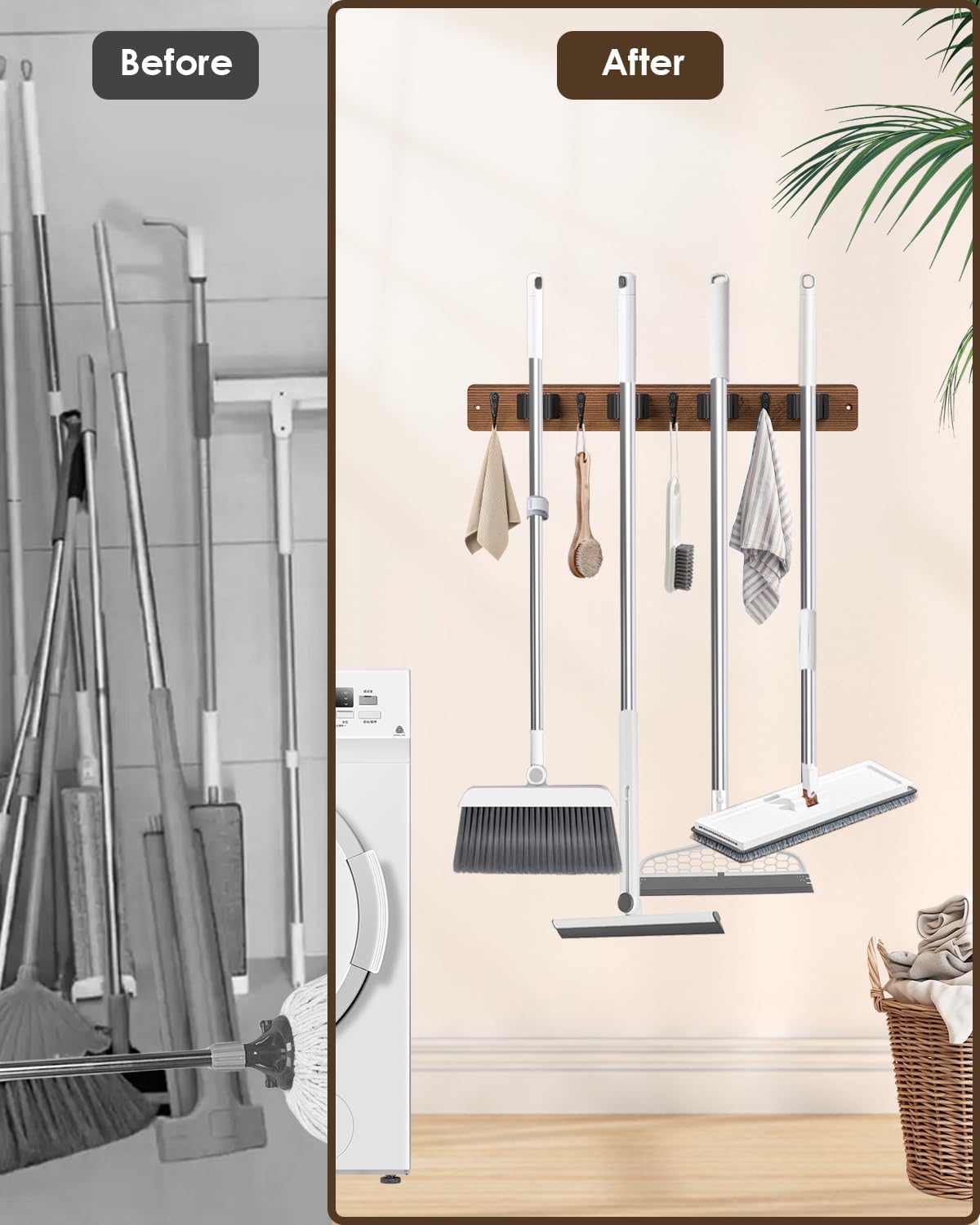 Broom Holder Wall Mount, 4 Holders 4 Hooks Mop and Broom Organizer | Mop Holder Wall Mount and Broom Hanger for Garage, Laundry Room, Kitchen and Utility Storage
