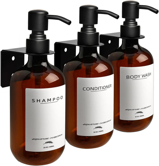 Supforce Shampoo Dispenser for Shower, No Drill Dispenser with Pump & Label | Shampoo and Conditioner Dispenser Wall Mount Set of 3, Pet Bottle Shower Soap Dispenser for Home Bathroom, Amber