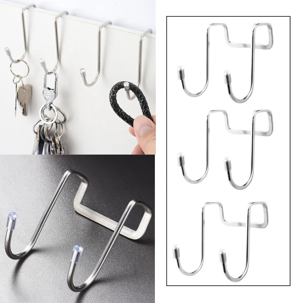 4 Pack Shower Door Hooks Stainless Steel Double Hooks Towel Hook Bathroom Squeegee Holder Over Glass Door Hook for Bathroom Semi-Frameless Sliding Shower Door Soap Saver Bag Pouch