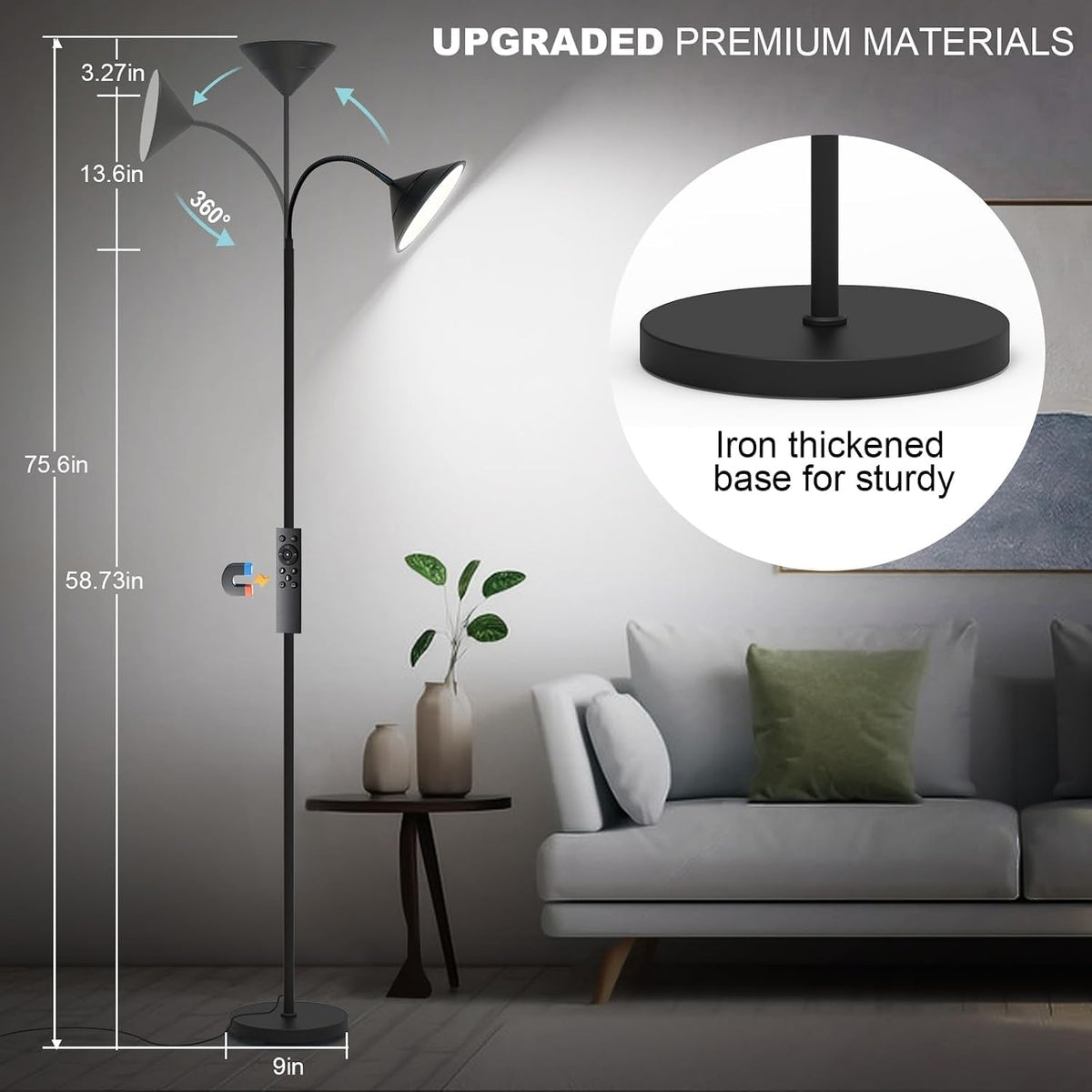 Yikuneng Dimmable LED Floor Lamp, Super Bright Reading Lamps Floor Standing lamp with Remote & Touch Control, Stepless Dimming & 2700K-6500K Color Temperature, for Living Room Bedroom Office, Black