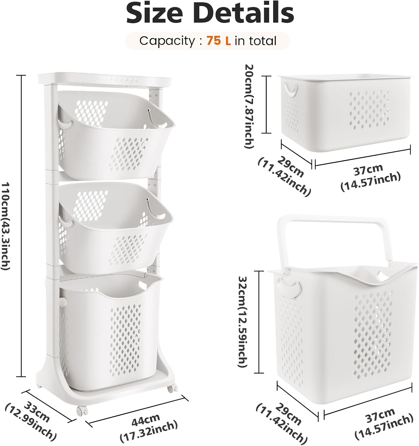 BAOKALER 4-Tier Laundry Hamper Sorter, Vertical Laundry Baskets with Wheel | Rolling Stackable Laundry Cart Removable, Organizer and Storage for Small Space, Dorm, Closet, Bathroom