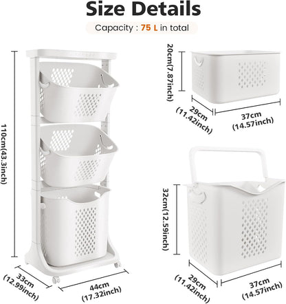 BAOKALER 4-Tier Laundry Hamper Sorter, Vertical Laundry Baskets with Wheel | Rolling Stackable Laundry Cart Removable, Organizer and Storage for Small Space, Dorm, Closet, Bathroom