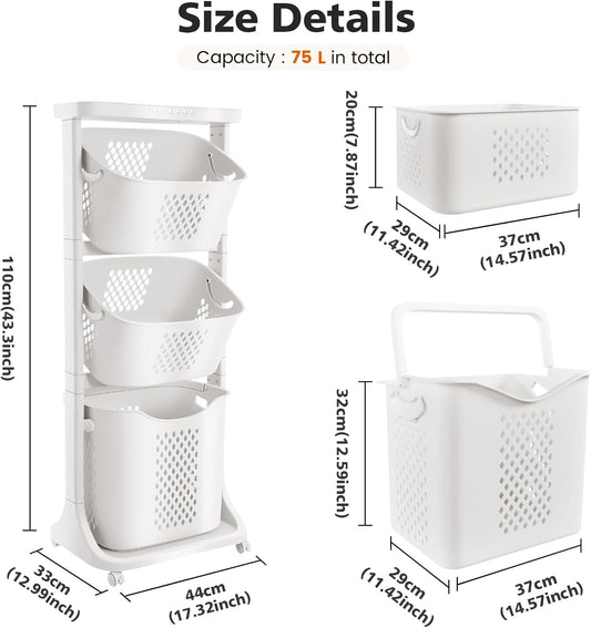 BAOKALER 4-Tier Laundry Hamper Sorter, Vertical Laundry Baskets with Wheel | Rolling Stackable Laundry Cart Removable, Organizer and Storage for Small Space, Dorm, Closet, Bathroom