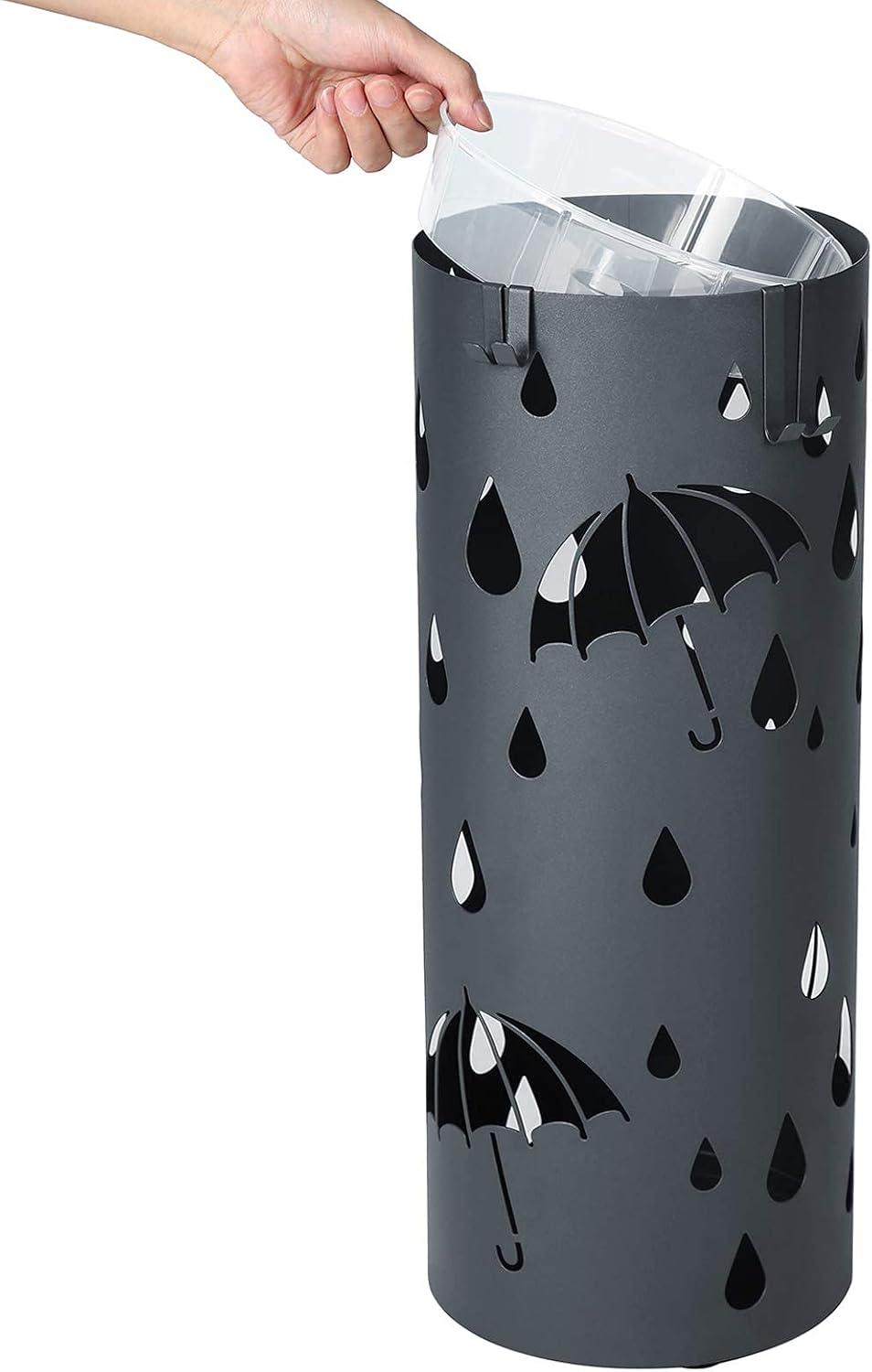SONGMICS Umbrella Stand, Metal Umbrella Holder for Entryway, with Water Tray and 4 Hooks, 7.7 x 7.7 x 19.3 Inches, Round, Anthracite Gray ULUC23AG | Umbrella Holder, with Detachable Drip Tray, Assembly Required, for Entryway, Anthracite Gray, PATSY