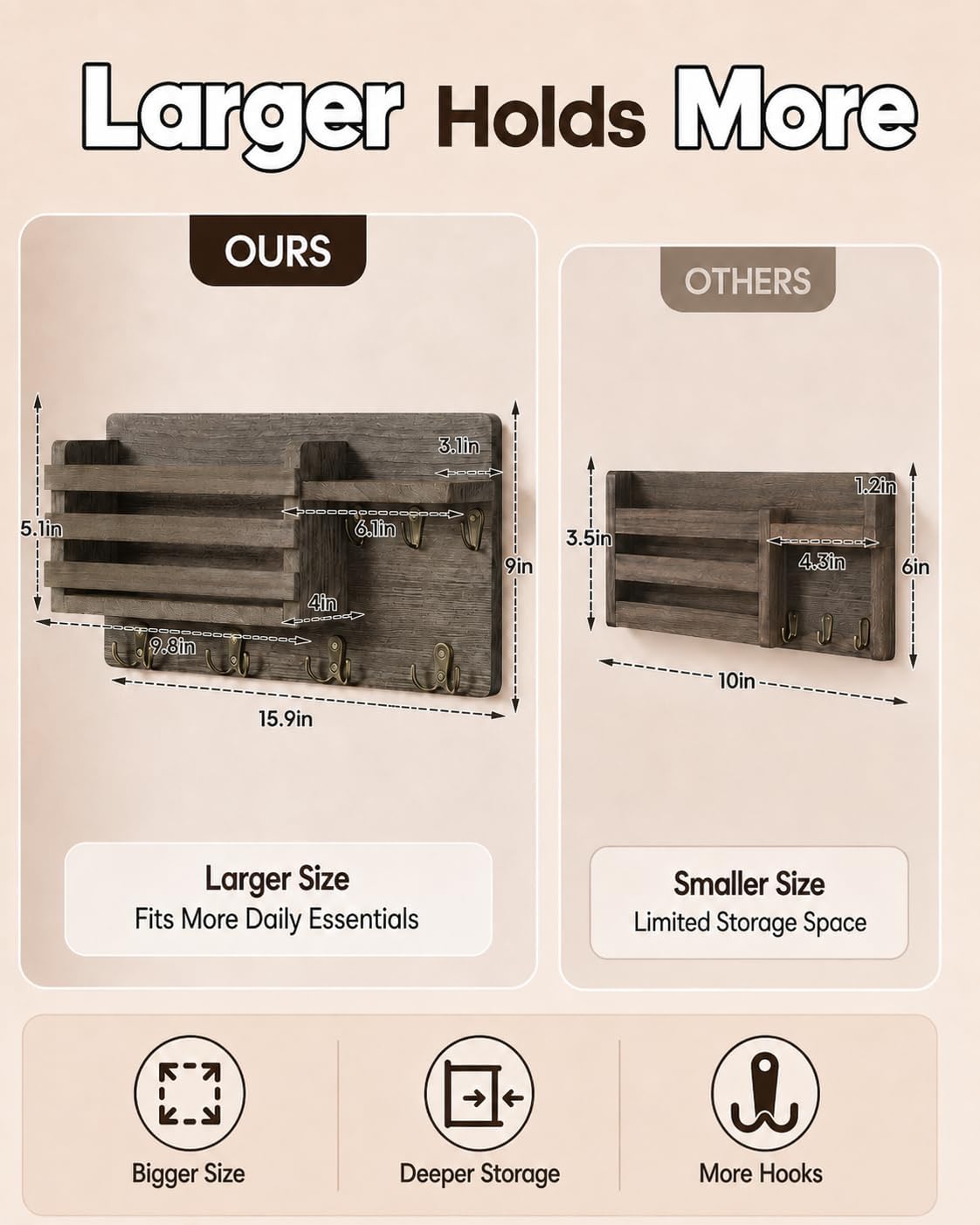 Key Holder Wall Mount with Mail Organizer, 16" L x 5" W x 9.1" H Oversized Keys Hanger Rack with Shelf and 7 Hooks, Wood Wall Organizer for Wallet, Dog Lesh (Brown)