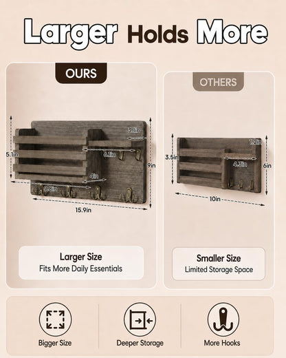 Key Holder Wall Mount with Mail Organizer, 16" L x 5" W x 9.1" H Oversized Keys Hanger Rack with Shelf and 7 Hooks, Wood Wall Organizer for Wallet, Dog Lesh (Brown)