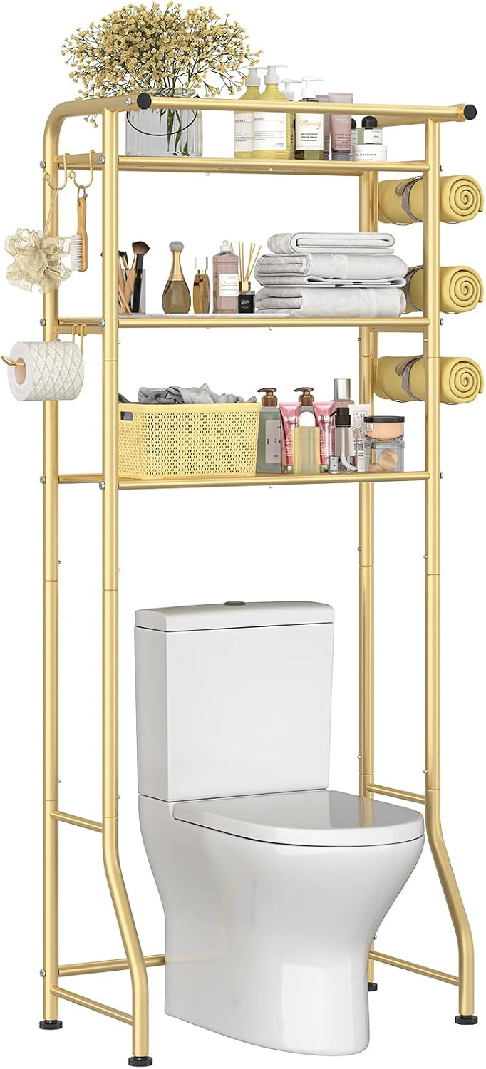 Simple Trending Over The Toilet Storage Cabinet, Metal Bathroom Shelf Organizer with Paper Holder and Hooks, 3 Tier, Black