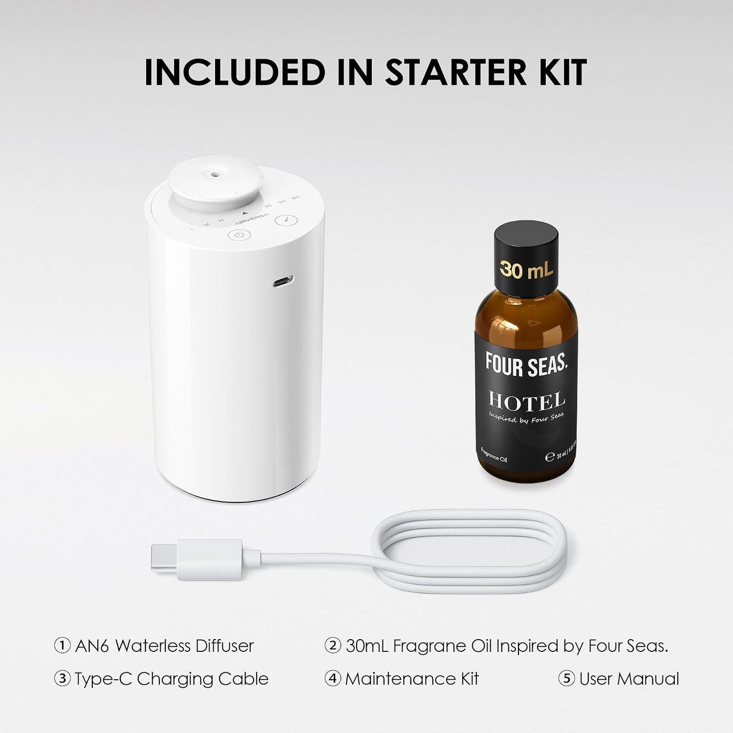 Airversa Waterless Essential Oil Diffuser Starter Kit with 30mL Hotel Fragrance Oil Inspired by Ritz-C., Battery Operated Car Diffuser, Portable Aroma Nebulizer for Home Car Office, AN6Kit-B, Black