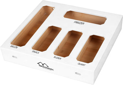 9 in 1 Foil and Plastic Wrap Dispenser with Cutter, Black Bamboo Ziplock Bag Organizer for Drawer - Holds Gallon, Quart Bags & Aluminum Foil/Wax Paper, Wall Mountable Kitchen Storage