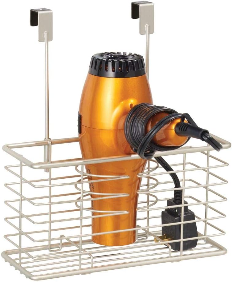 mDesign Steel Over Cabinet/Door Hair Dryer Holder Storage, Hair Styling Tool Organizer Basket for Bathroom - Blow Dryer, Flat Iron, Curling Wand, Straightener, Linelle Collection - Satin