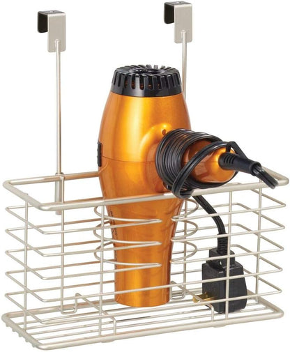 mDesign Steel Over Cabinet/Door Hair Dryer Holder Storage, Hair Styling Tool Organizer Basket for Bathroom - Blow Dryer, Flat Iron, Curling Wand, Straightener, Linelle Collection - Satin