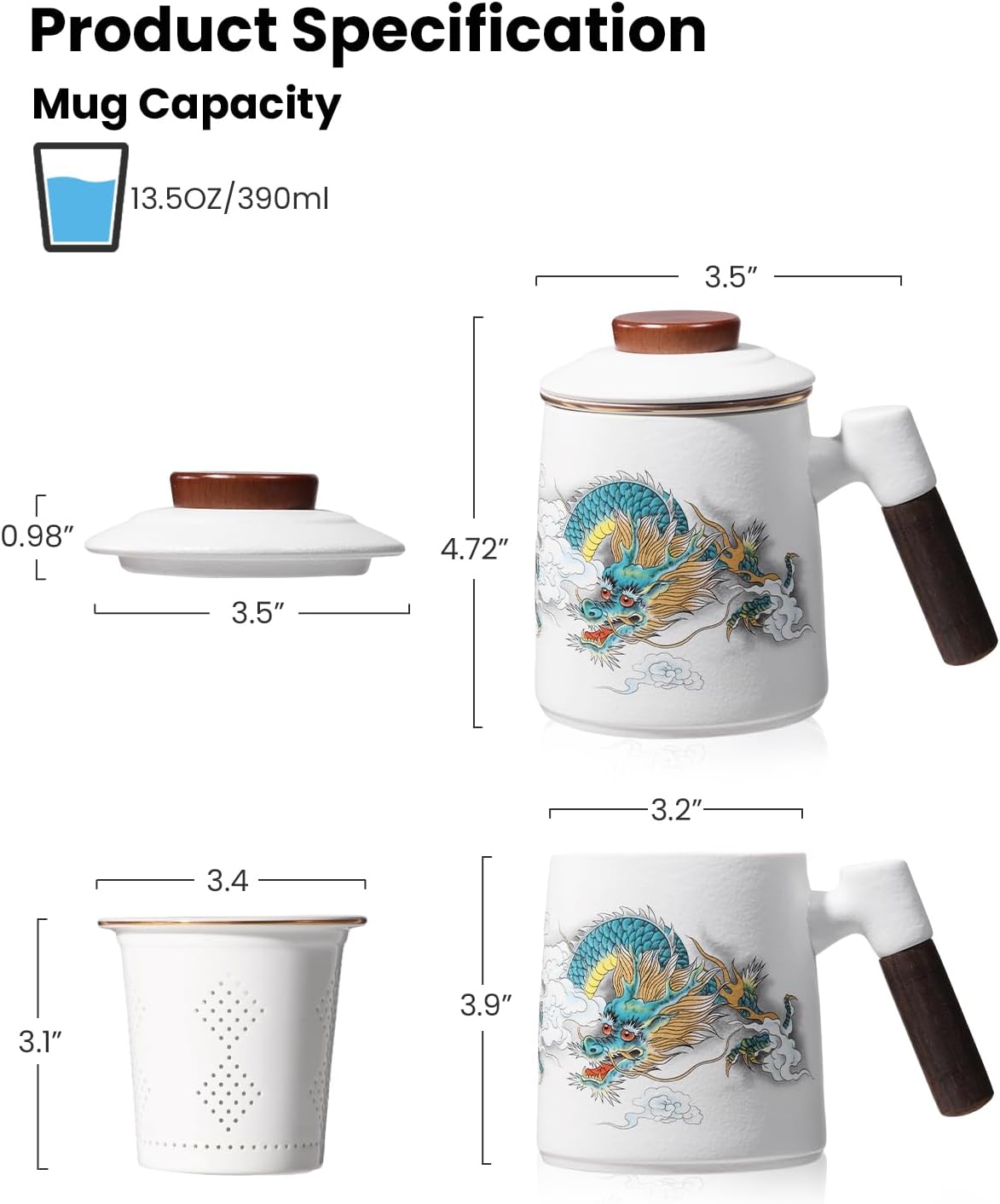 Ceramic Tea Infuser Cup with Lid,Loose Leaf Tea Mug,Dragon | 13.5oz,All Ceramic Infuser,Lead & BPA Free,Heat Resistant Wood Handle,Hand Wash Only,Tea Lovers Gifts