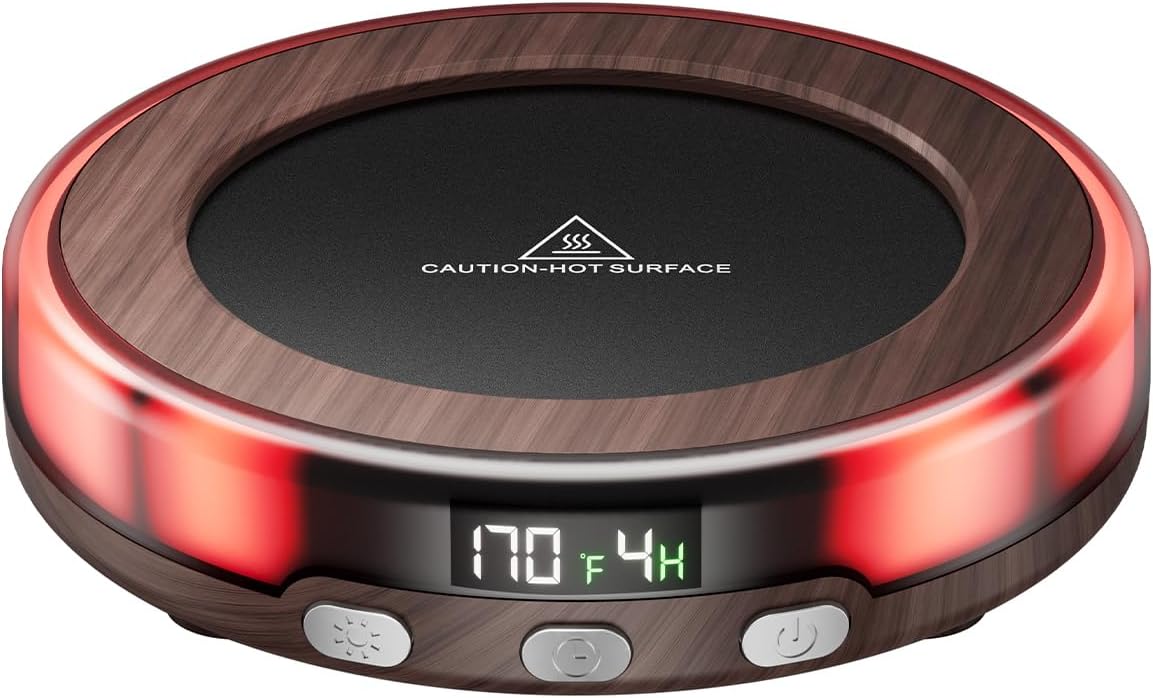 Gaiatop Coffee Mug Warmer for Desk, Beverage Heating Plate -Wood | 3 Temp Settings, 2-9Hrs Timer, 3 Color Light, Digital Display, Stocking Stuffers, for Candle Tea Milk