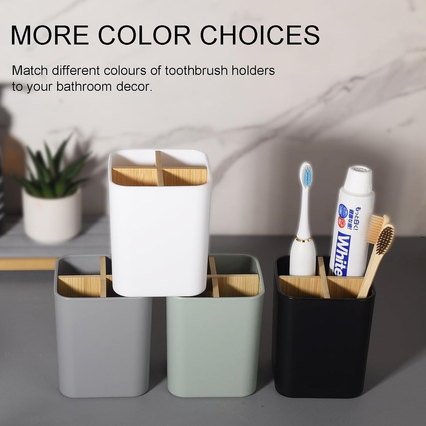 Bamboo Toothbrush Holder for Bathrooms Toothpaste Organizer - Black | Detachable Inserts, 3 Slots, Bathroom Counter Organizer, for Kids Electric Toothbrushes, Floss, Razors
