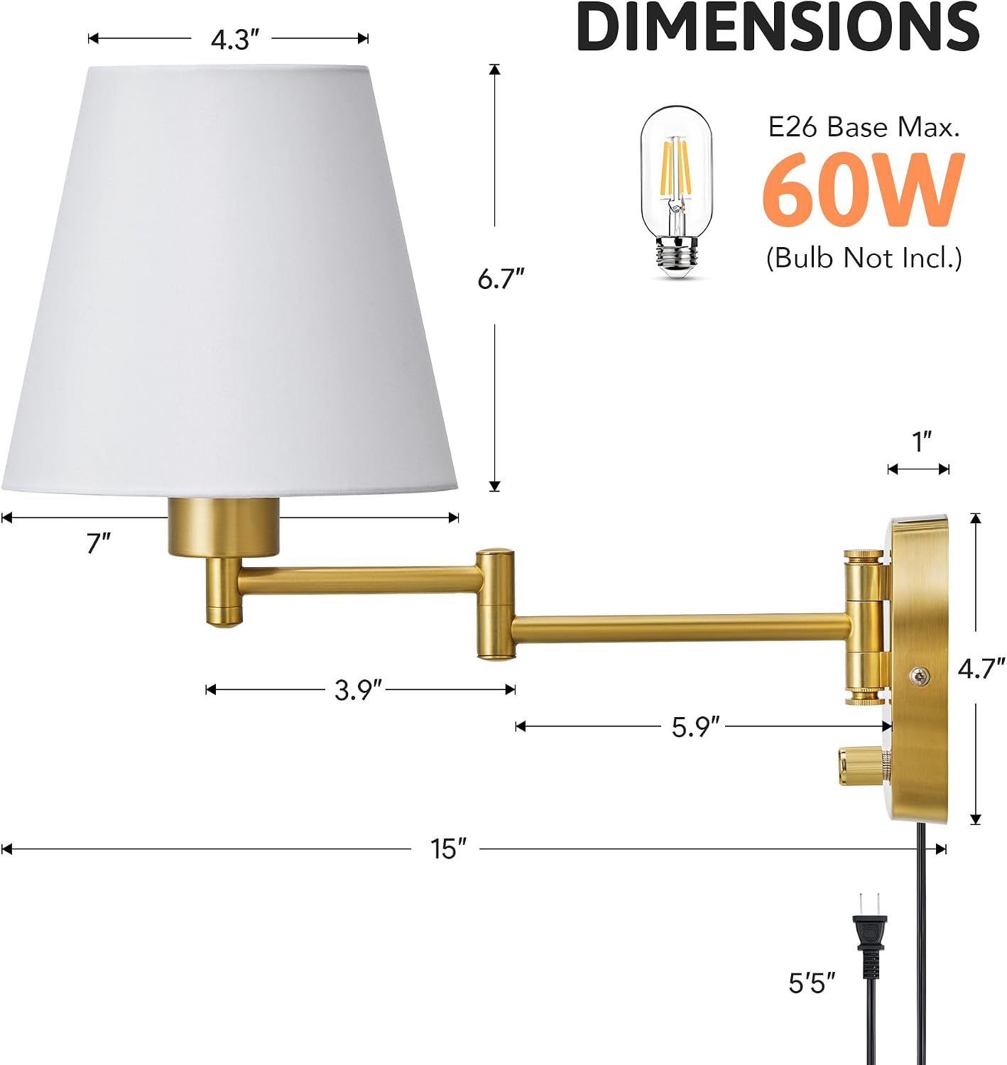 VONLUCE Wall Lamp, Plug in & Swing Arm Wall Sconce, Nickel Finish | Modern Wall Lights with White Fabric Shades, Plug in & Hardwired Wall Mounted Light for Bedside, Living Room, Hallway