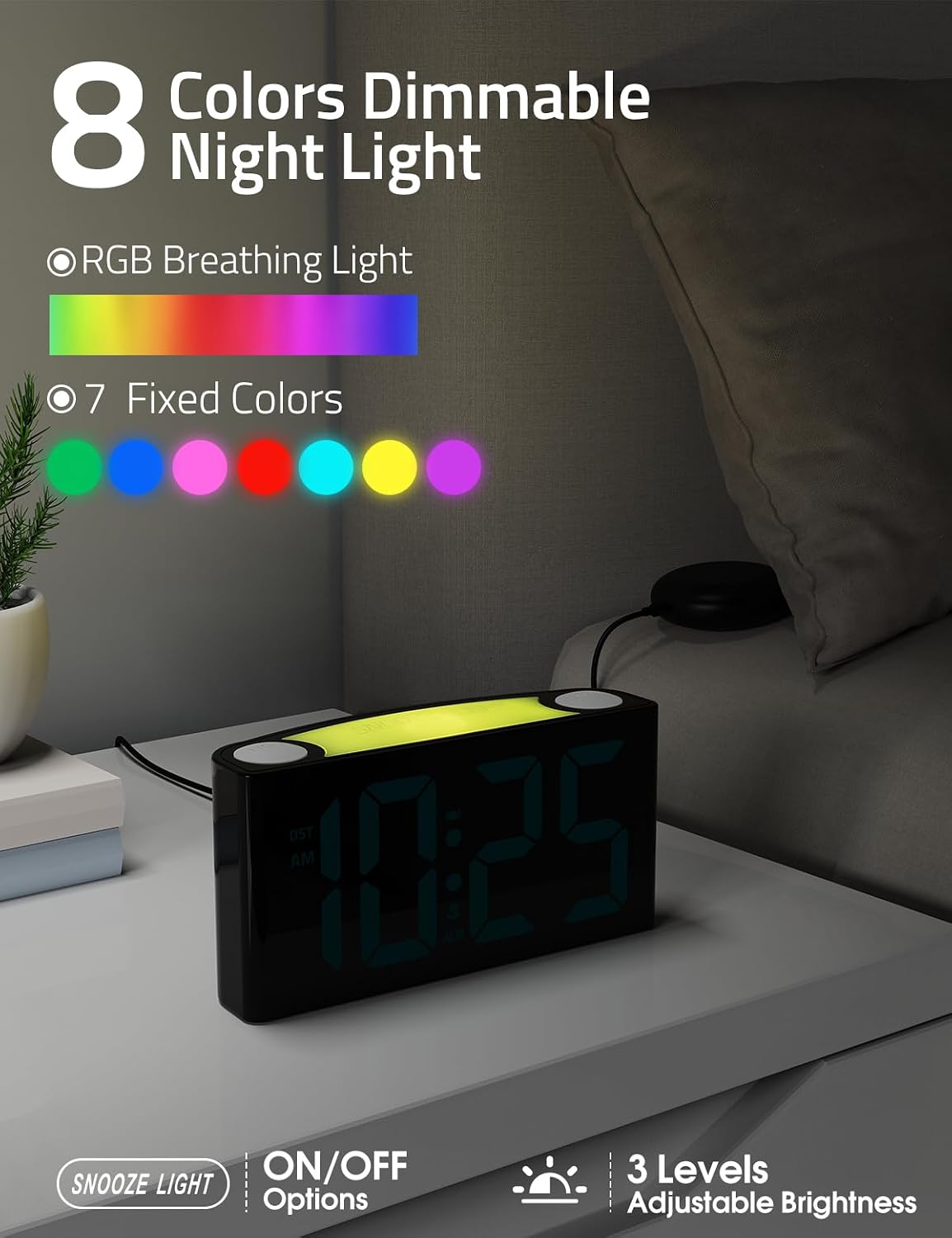 Mesqool Vibrating Alarm Clock with Bed Shaker for Heavy Sleepers | Powerful vibration and buzzer with 3 wake modes, RGB display, night light, dual USB charging, and battery backup