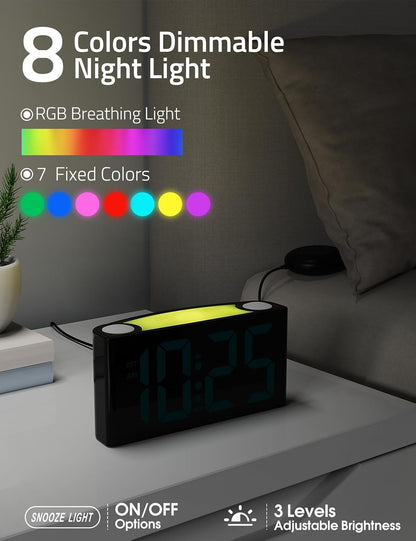 Mesqool Vibrating Alarm Clock with Bed Shaker for Heavy Sleepers | Powerful vibration and buzzer with 3 wake modes, RGB display, night light, dual USB charging, and battery backup