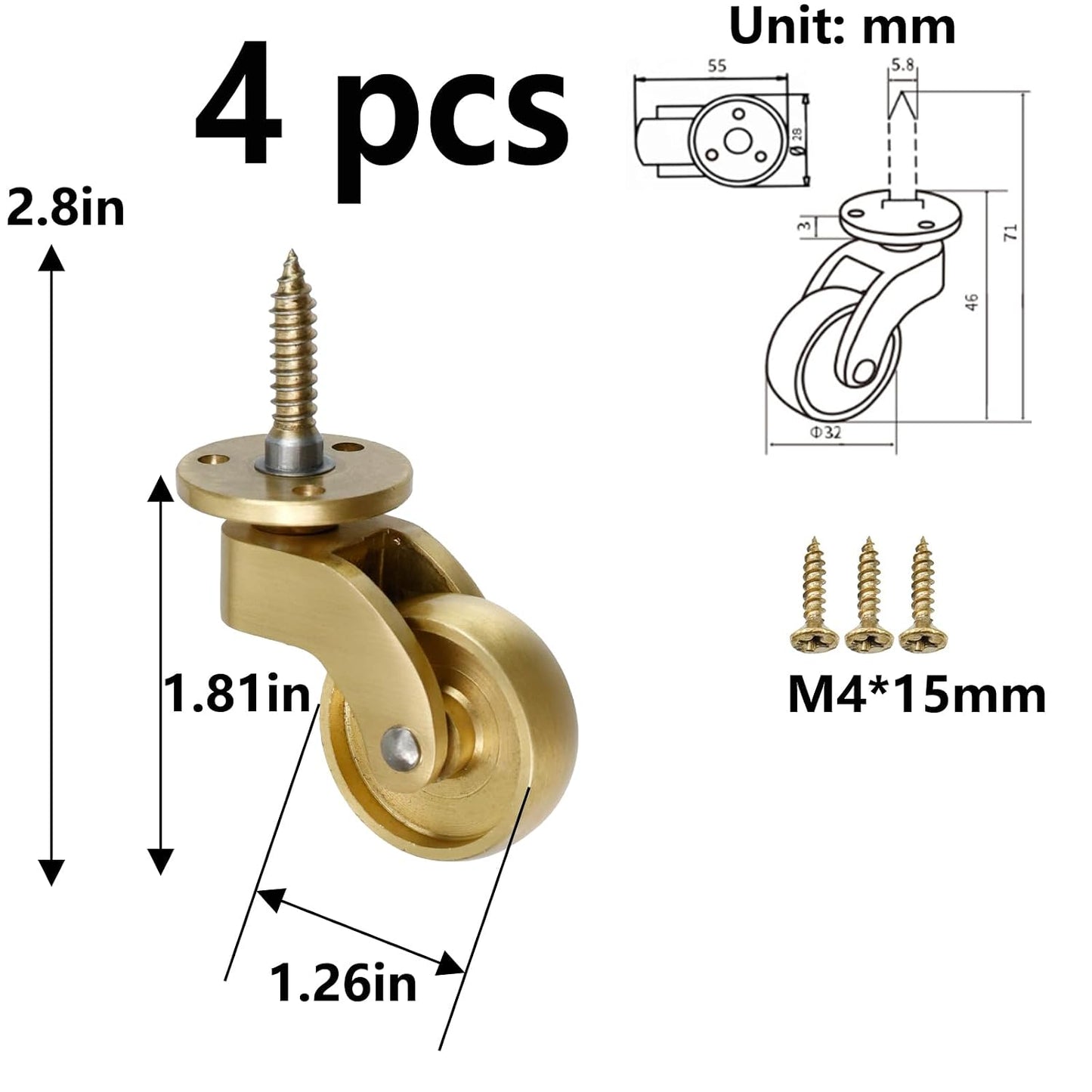 Semetall 4PCS Swivel Caster Wheels Square Cup Furniture Castors (Bronze) | 150kg Load Capacity, with Screws for Piano Feet, Sofa, Table, 1.02 Inch (26mm) Wheels