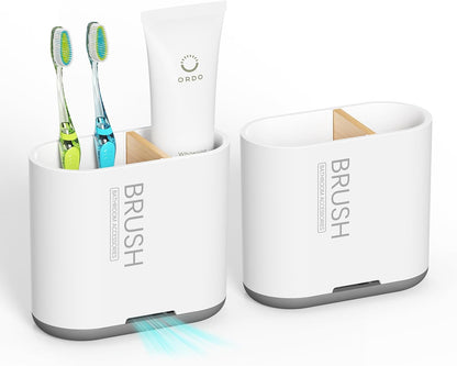 Bamboo Toothbrush Holder for Bathrooms Toothpaste Organizer, Small, White | 2 Slots, Easy to Clean, Plastic, Kids Electric Toothbrush, Drainage, Removable, For Bathroom, Vanity, Kitchen Sink, Office