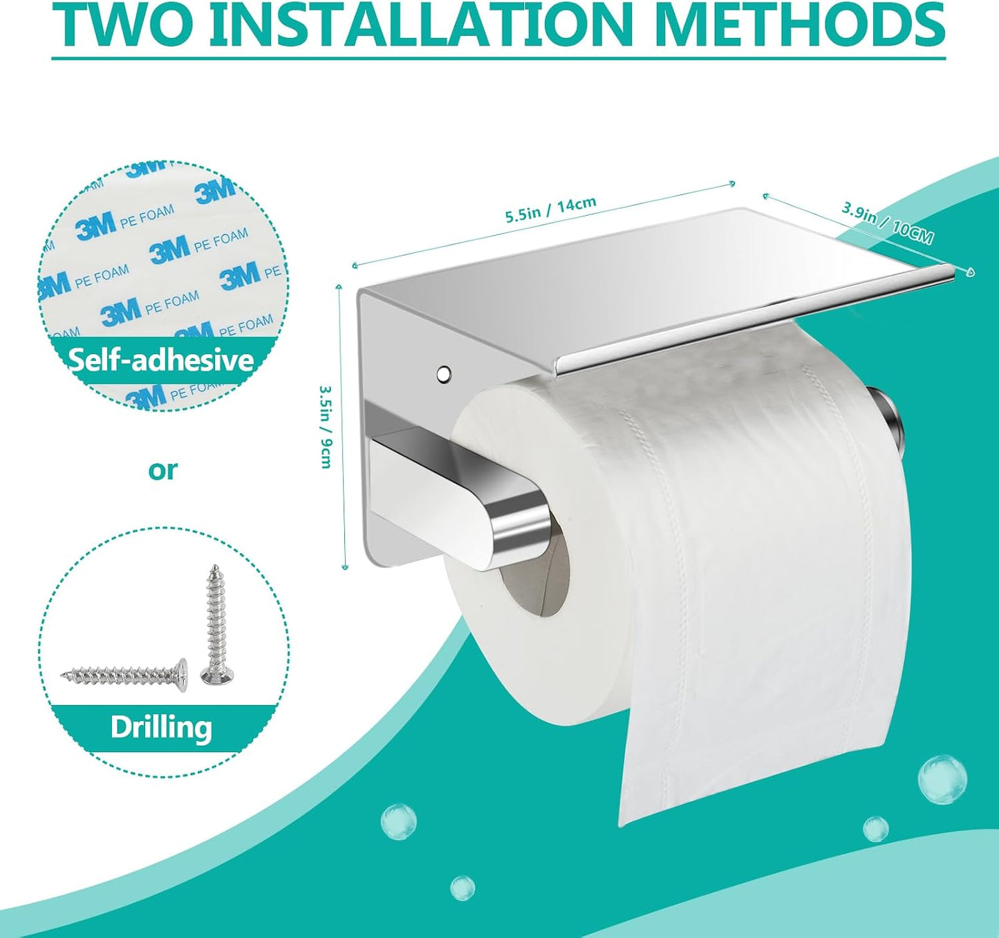 Toilet Paper Holder with Tempered Glass Shelf, Toilet Roll Holder | Modern Bathroom Design, Phone Storage Rack, Steel Construction, Wall Mount, Frosted Finish, Screws or 3M Adhesive Option