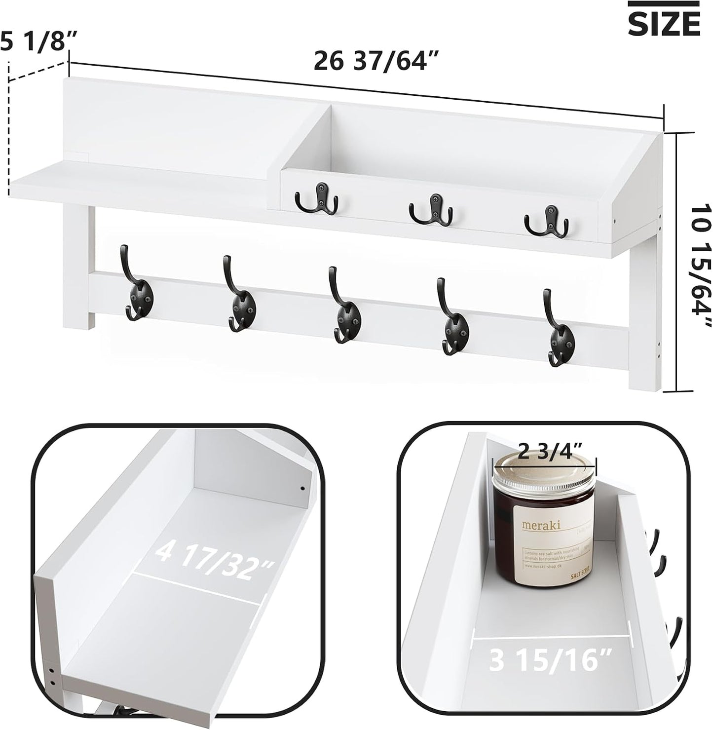 AMBIRD Wall Hooks with Shelf, 26.57 Inch Entryway Wood Coat Hooks for Wall with Shelf, Coat Rack Wall Mount with 5 Dual Hooks 3 Key Hooks Mail Organizer and Key Rack Holder (Brown)