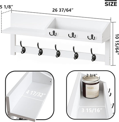 AMBIRD Wall Hooks with Shelf, 26.57 Inch Entryway Wood Coat Hooks for Wall with Shelf, Coat Rack Wall Mount with 5 Dual Hooks 3 Key Hooks Mail Organizer and Key Rack Holder (Brown)