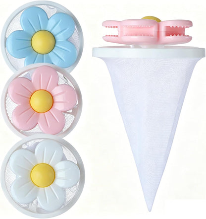 3 PCS Hair Filter Bag Floating Lint Catcher Machine Pet Hair Catcher | Flowers Cleaning Mesh Bag, Serrated Design Reusable Washing Hair Filter for Washing Dog Cat Hair Remover for Laundry