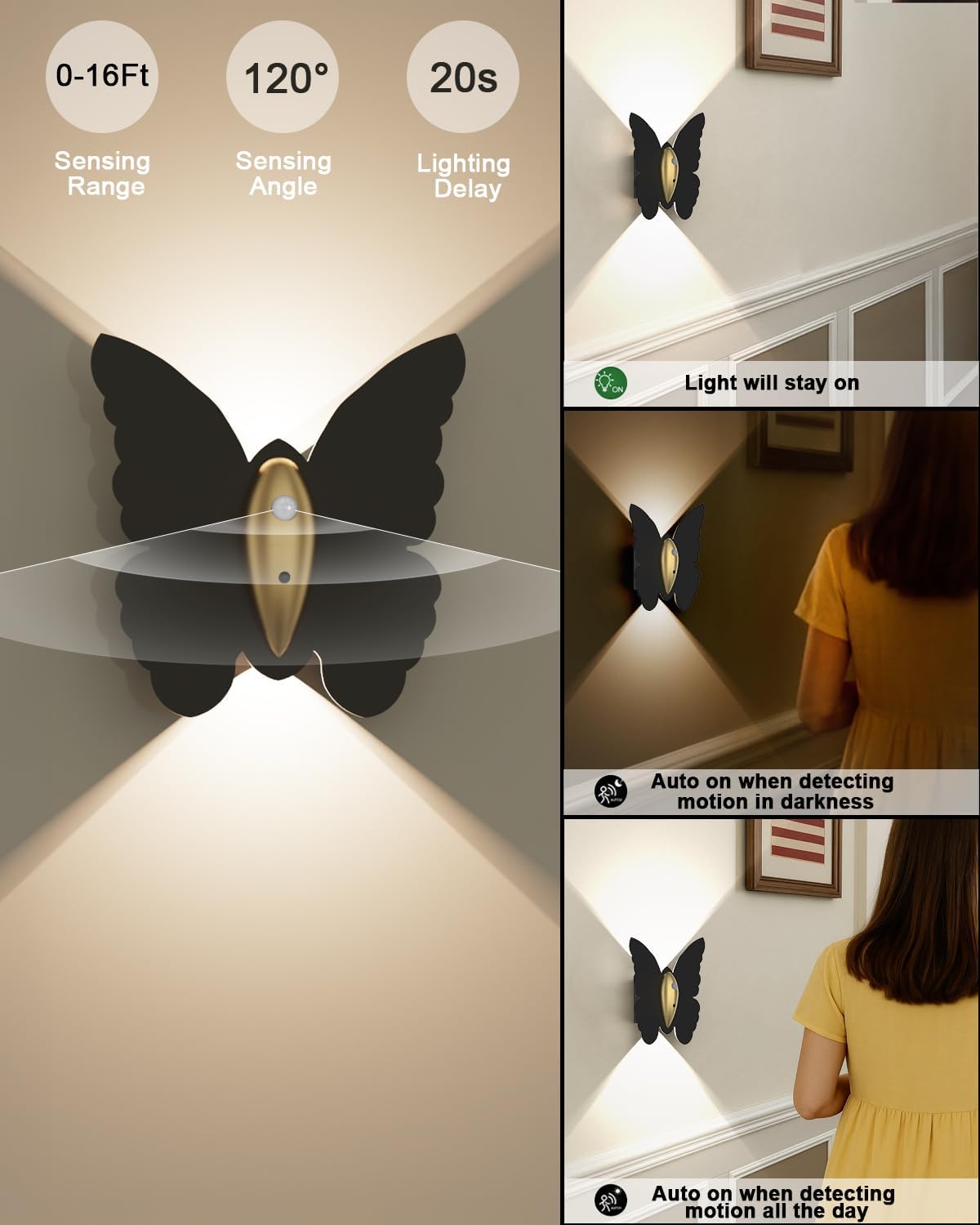 Eneru Motion Sensor Wall Sconce Set of 2, Rechargeable Wall Lights, Indoor