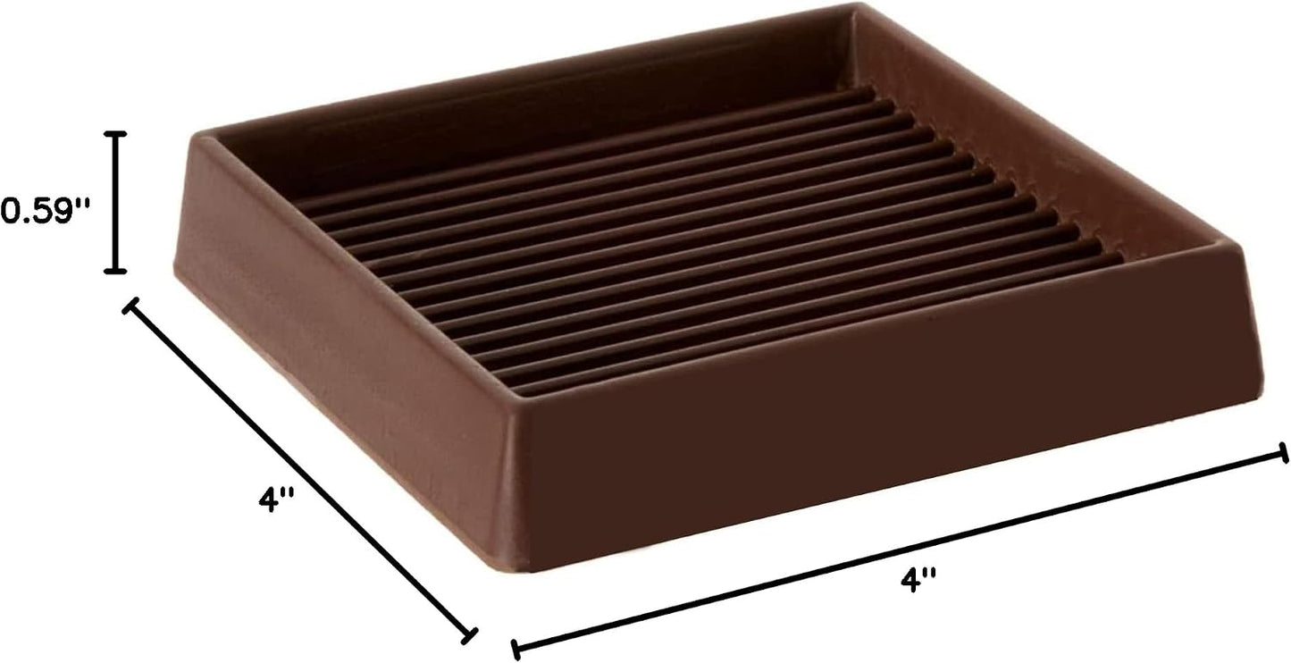 3X3 Square Rubber Caster Cups, Non Slip Furniture Pads - 4 Pack | Anti-Slip Furniture Gripper, Anti Skid Furnitures Feet, Anti Slide Floor Protector for Bed Couch Stoppers, Brown