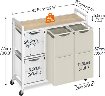HOOBRO Laundry Sorter with 4 Section, 39 Gal. (147 L) Laundry Hamper with Wheels, Rolling Laundry Basket with Shelf, Pull-Out Detachable Bags, Side Pockets, Rustic Brown, Black and Beige BFE14XY01N1
