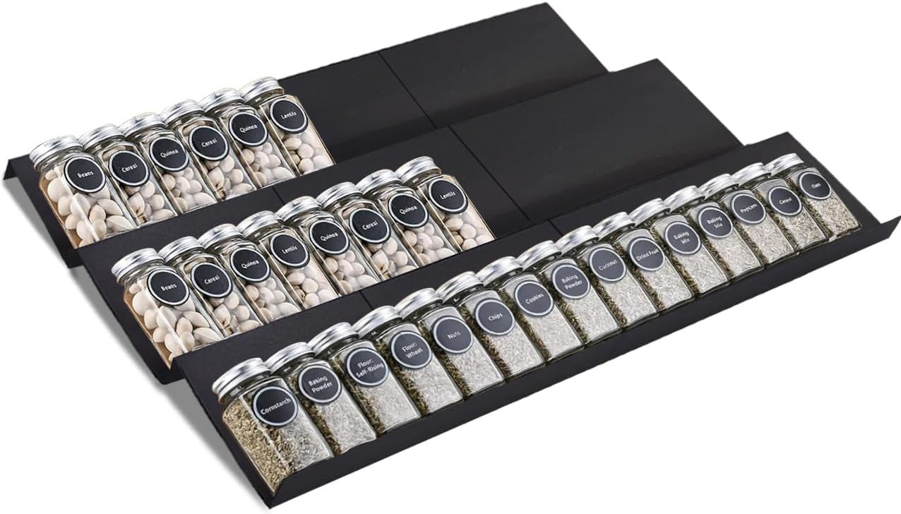 Spice Drawer Rack Organizer Insert for Kitchen Cabinet, Pack of 9 | Expandable, Multi Tier Adjustable Spice Storage Shelf for Seasoning and Jar