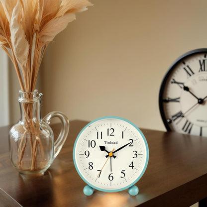 Tinload 4.5" Vintage Retro Analog Alarm Clock, Super Silent Non Ticking Small Clock with Manual Light, Snooze, Battery Operated, for Living Room, Bedroom, Bedside, Desk(Blue)