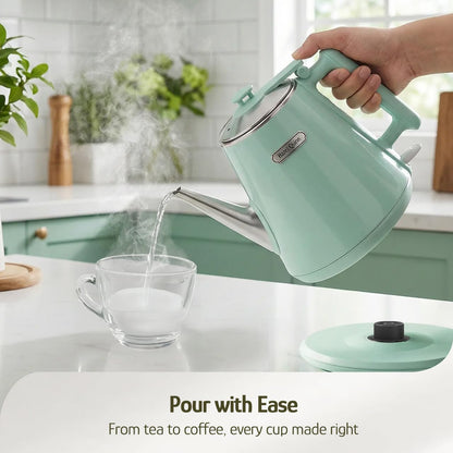 Hazel Quinn Electric Kettle, 1L/34oz Small Tea Kettle - Pearl White | 800W Fast Boil, 304 Stainless Steel Interior, Double-Wall Cool Touch, Gooseneck Spout, Auto Shut-Off, BPA-Free Cordless Home